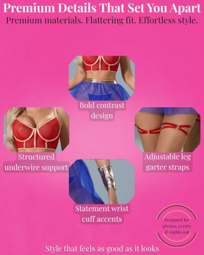Fantasy Lingerie Set for Women Red Gold Bustier with Blue Sheer Skirt - Image 5