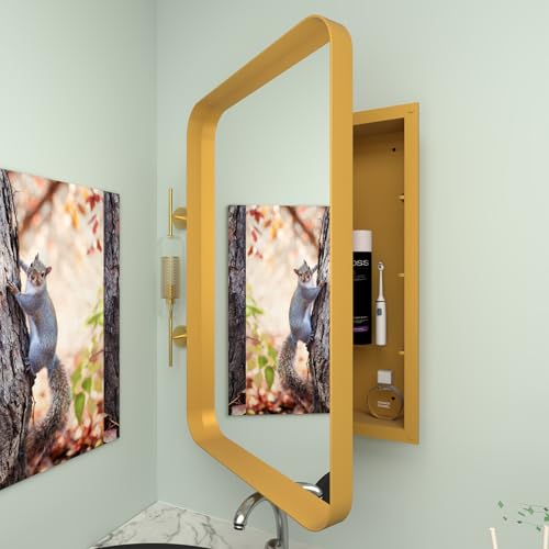 KeepTech 16”Wx24”H Farmhouse Framed Medicine Cabinet with Mirror, Gold Finish, Recessed or Surface Mount, Adjustable Shelves, Rounded Rectangle Bathroom Medicine Cabinet,Install Left or Right