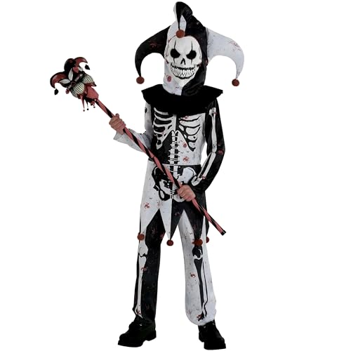 Disfraz de payaso bufón amenazante en blanco y negro, 1 juego de túnica, pantalones y máscara con sombrero, poliéster de alta calidad, diseño llamativo, perfecto para Halloween y fiestas temáticas,
