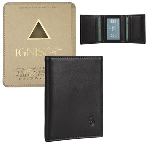 Black Leather Card Holder Trifold Wallet for Men - RFID Blocking - Minimalist Slim Design (Apex Onyx)