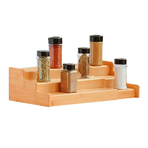BPFY 1 Packung Bambus Gewürzregal Organizer für Schrank, Küchenschrank Organizer, 3 Etagen, Bambus, erweiterbares Display Gewürzregal für Arbeitsplatte, Schrank, Speisekammer Cover
