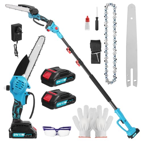 2 en 1 Mini Motosierra y Podadora de Pértiga, podadora telescopica de 1,1 a 2 m para podar árboles, Podadora de Pértiga con 2 Cadenas, Gafas, Guantes para Podar Arboles Patio de Jardín árboles
