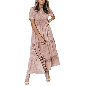 Zattcas-Womens-Summer-Casual-Short-Sleeve-Bohemian-Floral-Tiered-Maxi-Dress Zattcas Womens 2023 Spring Summer Smocked Tiered Boho Floral Long Maxi Dresses Casual Short Sleeve Modest Flowy Church Maternity Wedding Guest Dress Mauve S