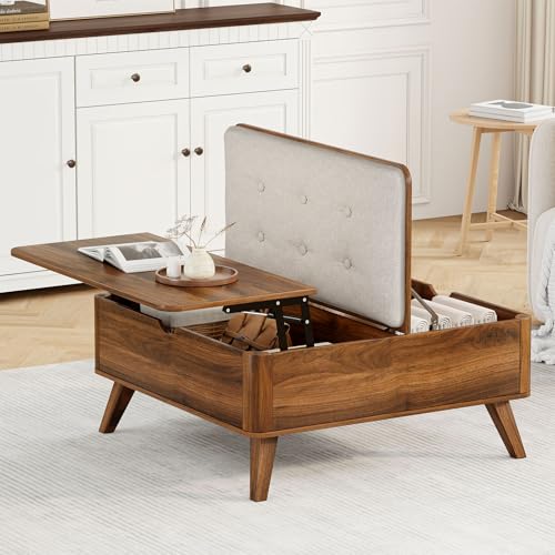 Flycity Tavolino da Caffè Sollevabile, Tavolino Salotto Elevabile con Contenitore, Gambe in Legno Massello, Spessi Poggiapiedi, Tavolo da Soggiorno con Spazio di Organizzatore Aperto e Nascosto, Noce