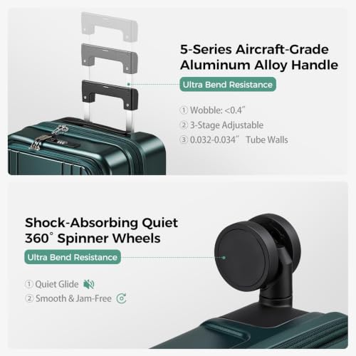 Image of Carry on Luggage Top opening Suitcases, Expandable with Cup&Phone Holder and USB Charging Port,Hardside with Front Pocket Rolling Suitcases with Spinner Wheels&YKK Zippers(Dark Green, 20 Inch)