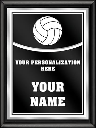 Crown Awards Volleyball Personalized Plaque Award, 6x8 Color Printed Metal Plate with Custom Engraving, Black with White Plaque On Shiny Black Finish