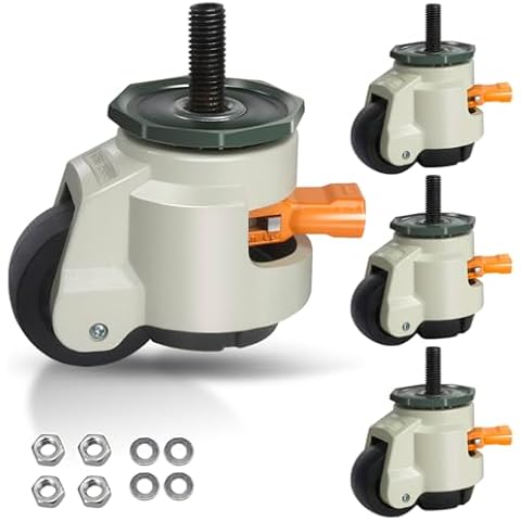 Leveling Stem Casters, M12 Thread Casters Set of 4 Heavy Duty with Leveling feet, 2200 LBS Retractable Caster Wheels with Upgraded Ratchet Arm, Adjustable Height Casters for Workbench, Machine Cover