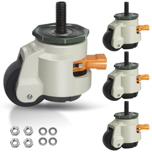 Image of Leveling Stem Casters, M12 Thread Casters Set of 4 Heavy Duty with Leveling feet, 2200 LBS Retractable Caster Wheels with Upgraded Ratchet Arm, Adjustable Height Casters for Workbench, Machine