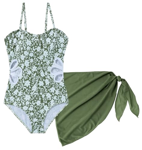 Image of SEAUR Girls Cut Out One Piece Swimsuit with Cover Up Skirt Bathing Suit Swimwear 7-16 Years