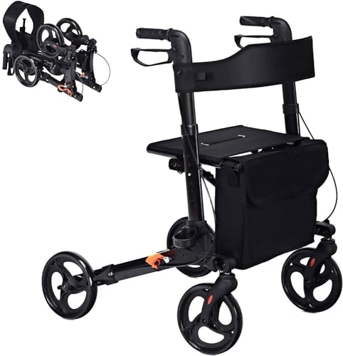 HOMFME Folding Rollator Walker, 4 Wheeled Rolling Walker with Dual Brakes, Seat, Detachable Storage Bag and Cane Holder, Lightweight Walking Mobility Aid for Seniors (Black)