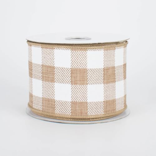 Image of Tan Plaid Wired Edge Ribbon - 2 1 /2 Inch x 10 Yards, Buffalo Plaid, Christmas, Winter Decor, Birthday, Wedding Decoration, Boxing Day, Labor Day