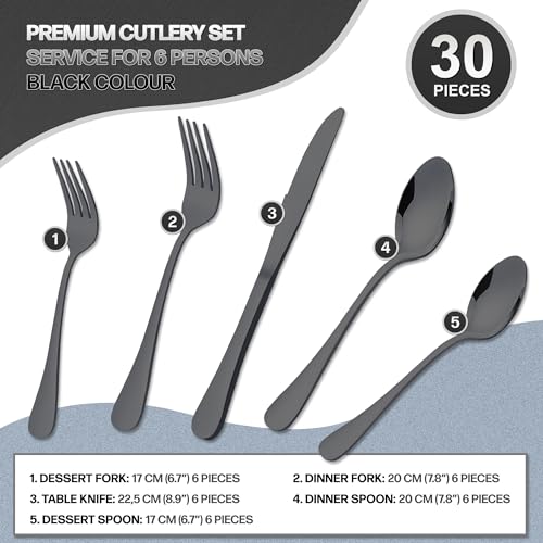 Couvert noir inox 30 pieces pour 6 personnes avec fourchettes et cuillères - 3