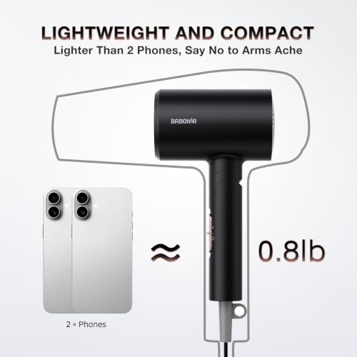 Image of BABONIR 1875W Hair Dryer with Diffuser, Ionic Foldable Blow Dryer, Black | Fast Drying for Frizzy, Curly & All Hair Types, 3 Heat & 2 Speed, Concentrator & Diffuser, Compact for Home, Women & Men