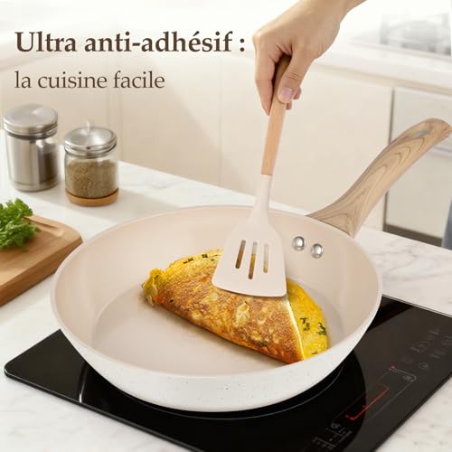 Batterie de cuisine 11 pièces en céramique antiadhésive couleur crème - Set casseroles et poêles compatible tout feux dont induction – Image 4