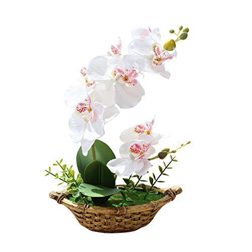 Flikool Doble Tallo Orquídeas Artificiales con Maceta Bonsai de Phalaenopsis Flores Artificial Plantas Artificiales de Flor Mariposa para Hogar Balcón Partido Oficina Decoración - Blanco Cover