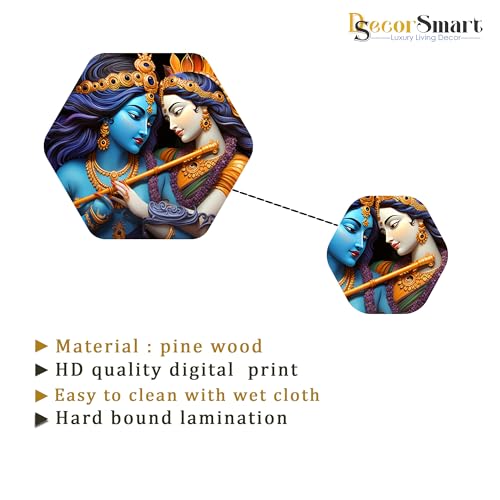 Image of Decor Smart Krishna Wooden Wall Art | Living Room Decoration | Radha Devotional Accent | Home Decor Decorative Artwork | Spiritual Lord Flute Wall Hanging | Hindu Religious Sticker Panel (WPS 219)