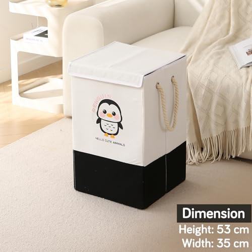 Image of HOKIPO Foldable Laundry Basket for Clothes with Lid, Black - Penguin (AR-5317-BLK), 53cm, 35cm