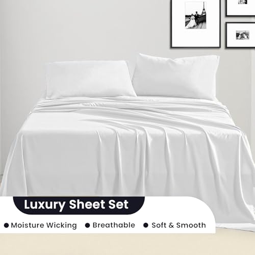 Image of SGI bedding Full Bed Sheets Set - Premium 600 TC Egyptian Cotton, Crisp & Cooling Sateen Weave, Extra Soft Hotel Collection, Fits Mattresses Up to 16 Inch Deep, Breathable & Long Lasting - White