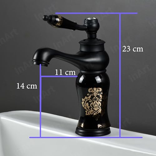 Image of InArt Black Glossy Finish Basin Pillar Cock Tap Faucet for Wash Basin, Hot & Cold Water Mixer, Single Handle, Waterfall Design, Table Mount /Deck Mount (Black) Zinc