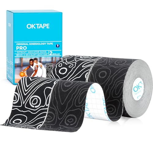 Image of OK TAPE Kinesiology Tape PRO Uncut Latex Free Tape 2in x 16.4ft 2Rolls | Sensitive Skin Friendly Latex Free Hypoallergenic Athletic Tape Roll for Muscle Joint Knee Waterproof Black+White