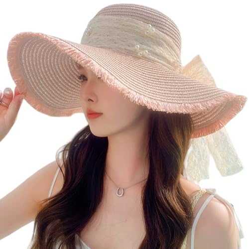 Women's Beach Sun Straw Hat Wide Brim UPF 50+ with Pearl Bow&Elastic Cord-Foldable Straw Hat for Beach,Pool,Travel (Pink)