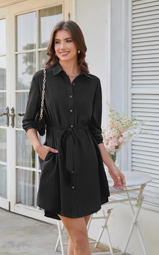 Image of ECOWISH Womens Button Shirt Dress with Pockets Fall Summer Short Mini Dresses Long Sleeve 3 /4 Sleeve Long Tunics Blouse Belt