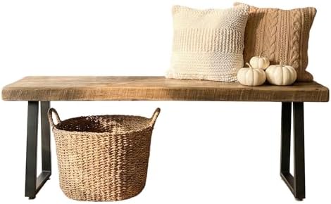 Rustic Revival Reclaimed Barnwood Bench, Solid Wood with Metal Ba...