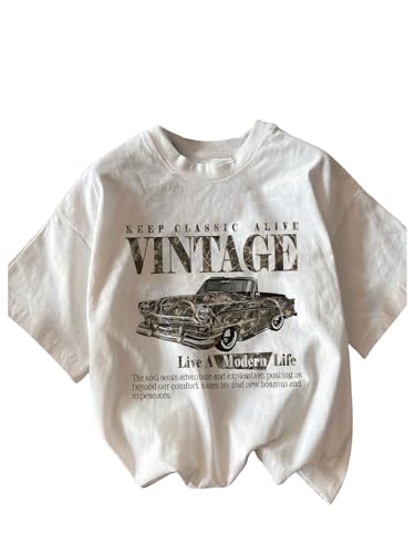 Image of RoseSeek Women's Graphic Letter Tee Crew Neck Drop Shoulder Trendy Summer T Shirt Short Sleeve Vintage Car Print Top