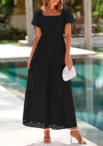 Image of PRETTYGARDEN Summer Dresses for Women 2026 Eyelet Square Neck Puff Sleeve Smocked Wedding Guest Maxi Dress with Pockets