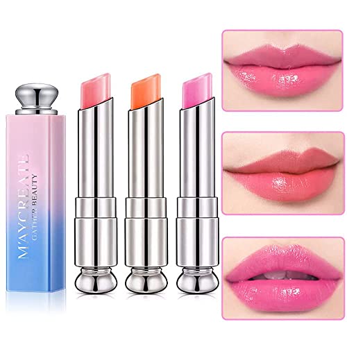 3 Pcs Color Changing Change Lipstick Lip Balm, Korean Magic Lipstick Color Change Changing Lip Tint Tinted Stain Gloss Balm Long Lasting Waterproof Moisturizer Jelly Crystal Lipstick Set For Women #TOP7