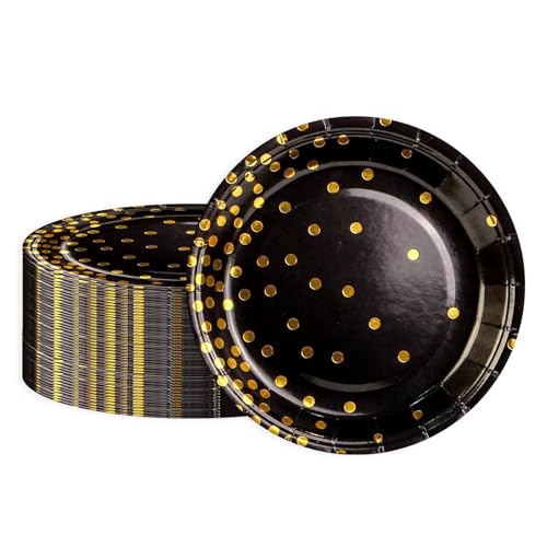 BOKFJBP 50Pcs Paper Plates 9 inch, Black and Gold Foil Polka Dots 23cm Dinner Disposable Plate Tableware for NWE Year Christmas Wedding Children's Birthday Camping Picnics All Occasions