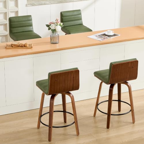Image of Swivel Bar Stools Set of 4,26 inch Mid Century Modern Counter Height Barstools with Back, Faux Leather Upholstered Bar Chairs with Bentwood Legs Island Stools for Kitchen Counter Green