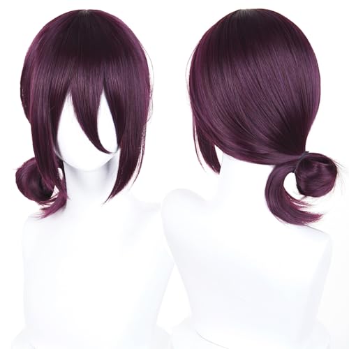 Image of LABEAUTE Reze Wig Short Deep Purple Anime Wig for Girls Women Synthetic Cosplay Wig with Ponytail for Halloween Party Wig + Cap