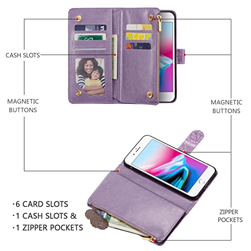 UEEBAI Wallet Case for iPhone 16 Plus, PU Leather Wallet Magnetic Closure Handbag Zipper Pocket Cover Kickstand Card Slots with Hand Strap Rose Flip Case for Women - Glitter Purple by UEEBAI - Used condition - Image 3