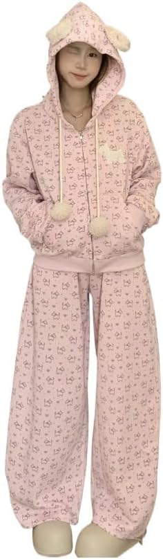 Kawaii Puppy 2-Piece Set Y2K Pink Hoodie & Pants | Cute Dog Embroidery Outfit Women's Loose Fit Tracksuit