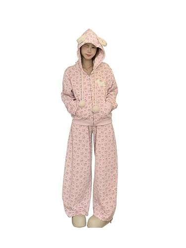 Xojbzoo Kawaii Puppy 2-Piece Set Y2K Pink Hoodie & Pants | Cute Dog Embroidery Outfit Women's Loose Fit Tracksuit - Pink - Large