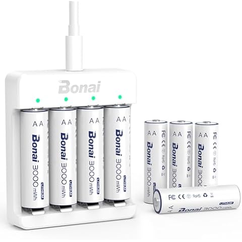 BONAI Rechargeable Lithium AA Batteries with Charger, 3000mWh 1.5V AA Batteries for Blink Camera 8 Count with 2H Fast Charge- Blue Cover