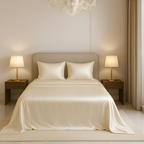Image of Luxe Ere Satin Bedsheet King Size (90x108) | 300 TC Ultra Smooth Silky Soft Luxury Satin Bed Sheet with 2 Pillow Covers | Premium Satin Bedsheets for Double Bed - Classic Ivory