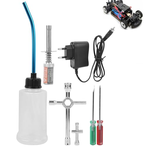 HERCHR Kit de Démarrage RC Nitro, Bougie de Préchauffage, Chargeur, Outils, Bouteille de Carburant, Kit d'Allumage Universel pour Moteur RC 80141 1/8 1/10, Véhicule Télécommandé(EU Plug)