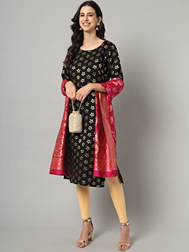 Image of VredeVogel Women's Cotton Silk Blend Straight Kurta With Dupatta with Banarasi Silk Dupatta