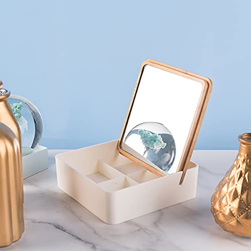 Longwin Desk Wood Makeup Mirror With Storage Vanity Table Mirror Jewelry Organizer Box For Bedroom, Dressing Table, Compact Mirror (Square) #TOP4