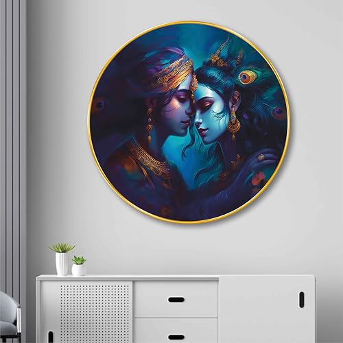 Image of Livin'luxe Radha Krishna Round Art Print - Divine Love Artwork with Peacock Feather & Royal Blue Theme | Spiritual Home Decor for Living Room, Bedroom, Temple & Gift (16 x 16 Inch) Art-GRM-281