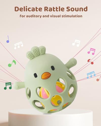 Image of Baby Teething Chick Toy, Upgraded Easy Grasp Silicone Teething Rattle Ball Toy for Babies Over 3 Months, 100% Food Grade, Gift for Infant Boys and Girls 0-6-12 Months (Green)