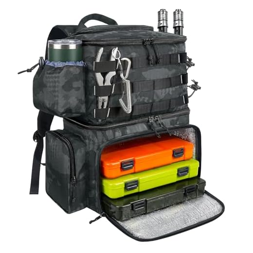 Fishing Tackle Backpack with Cooler, MATEIN Large Fishing Bag with Rod Holders for 4 Trays(Trays Not included), Saltwater Resistant Tackle Bag with Waterproof Bottom for Storage Gear Pole Lures Pliers