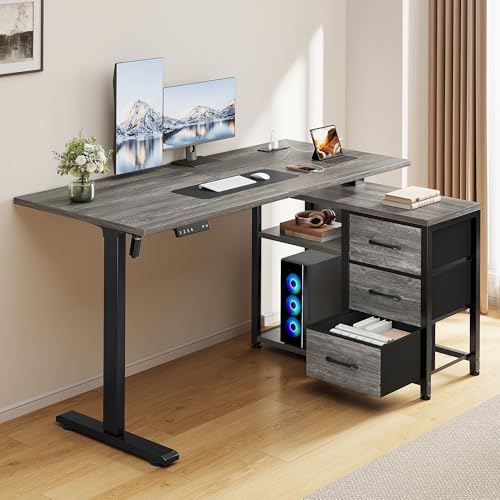 Homiflex 47 Inch L Shaped Desk with 3 Drawers Electric Standing Desks Grey