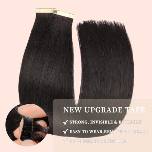 Image of Human Hair Tape in Extensions Jet Black 18 Inch 20pcs Seamless Skin Weft Tape in Hair Extensions Double Sided Remy Invisible Human Hair Straight (1#,18 Inch)