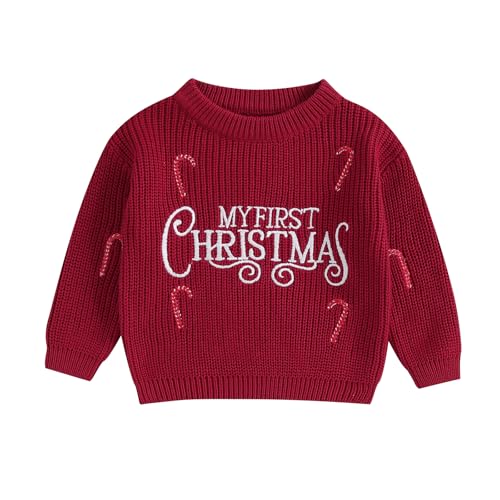 Image of HodJIU Baby Boys Girls Christmas Jumpers Long Sleeved Knitted Sweater Top Shirts Newborn My First Christmas Outfits Winter Knitwear Pullover (Red White, 3-6 Months)