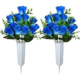 XONOR Artificial Cemetery Flowers, Set of 2 Artificial Rose Bouquet Grave Memorial Flowers with Vase for Cemetery Headstones Decoration (Blue)