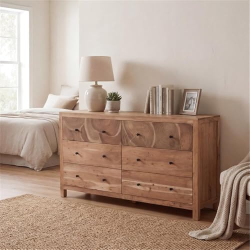 Pemberly Row Brown Solid Acacia Wood 6-Drawer Dresser, Tree Slice Design, Natural Finish, Smooth-Gilding Hardware, Rustic Modern Bedroom Storage, Farmhouse Style Furniture