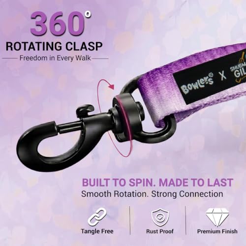 Image of Bowlers Dog Leash for Small, Medium & Large Dogs | Violet & White Design | Durable Nylon Pet Walking Lead | Strong Metal Hook | Comfortable Grip for Daily Walks & Training